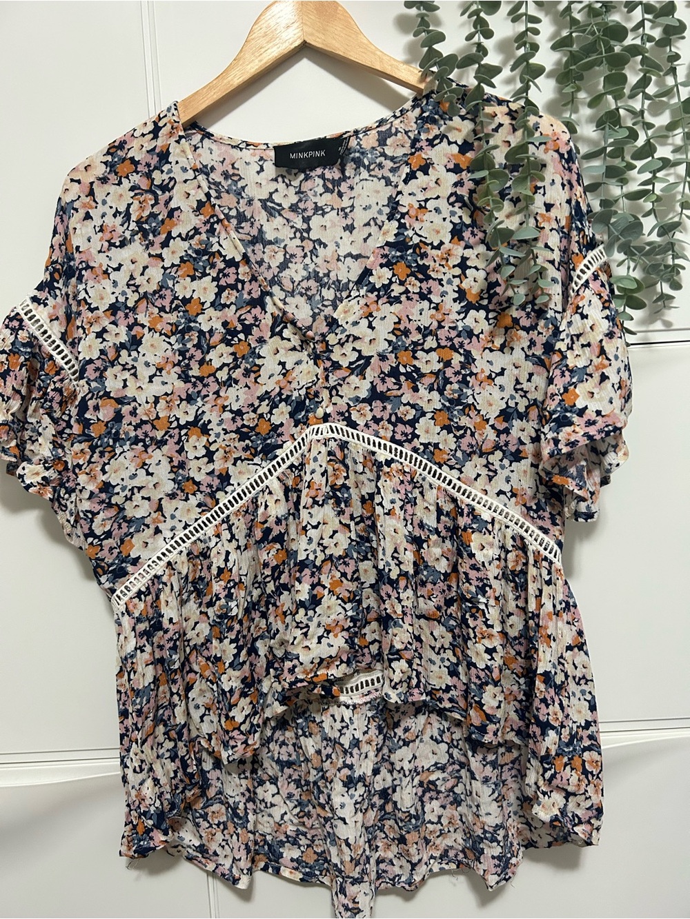 MINKPINK Navy Floral V-Neck Peplum Top with Pink & White Flowers